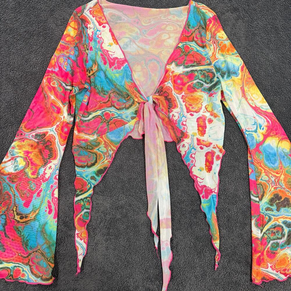 Boho Flare Sleeve TieDye Top XL Babydoll Tie Lettuce Hem Y2K Festival Concert